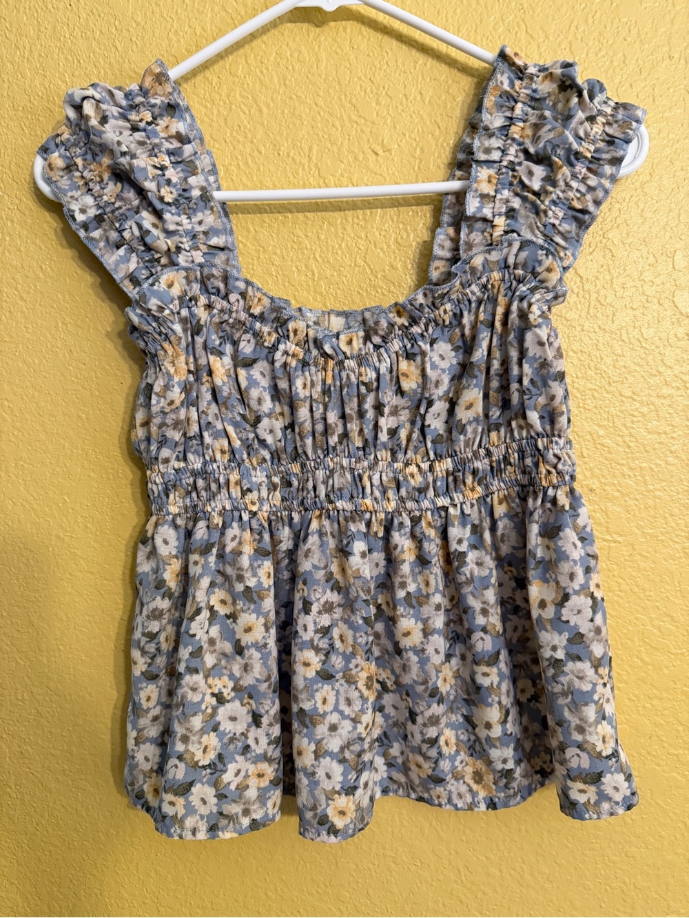 Smocked Floral Ruffle Strap Camisole - Blue & Yellow